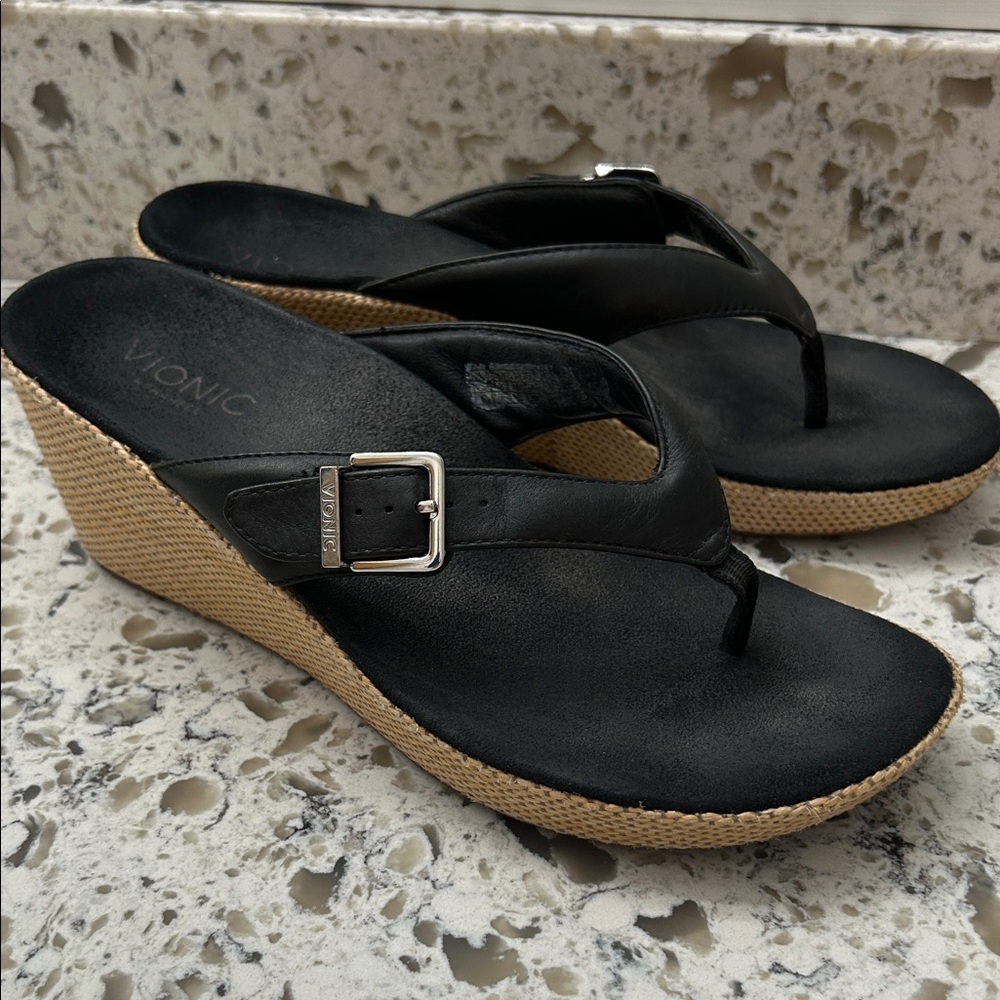 Vionic Black Leather Wedge Sandals